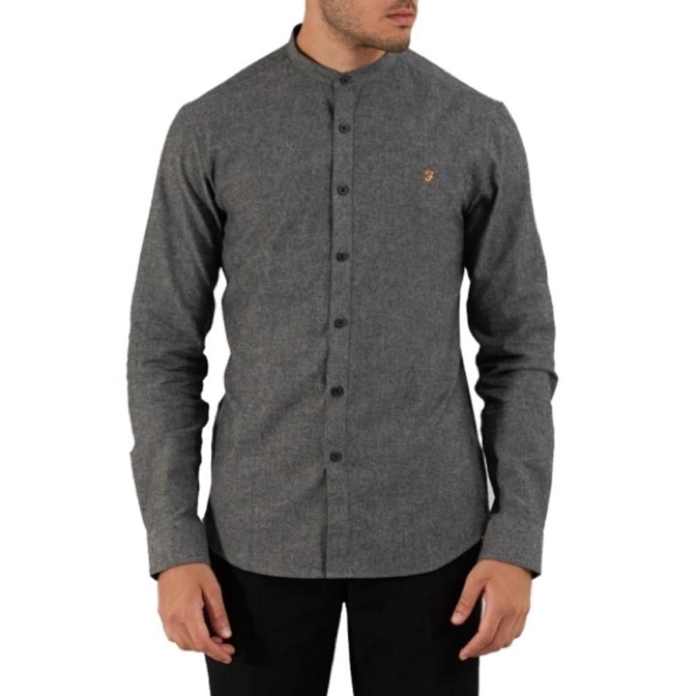 Farah Mens Steen Grandad Slim Fit Button Up Long Sleeve Gray Oxford Shirt XL